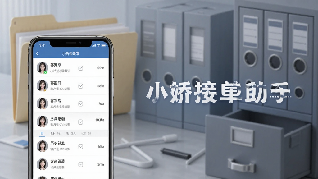 一幅展示小娇接单助手客户管理与订单归档界面的图片,画面中手机屏幕显示整齐的客户列表和历史订单记录,背景是文件夹和档案柜的抽象元素,风格商务专业,细节清晰,画质干净,画面中带有文字'小娇接单助手'。