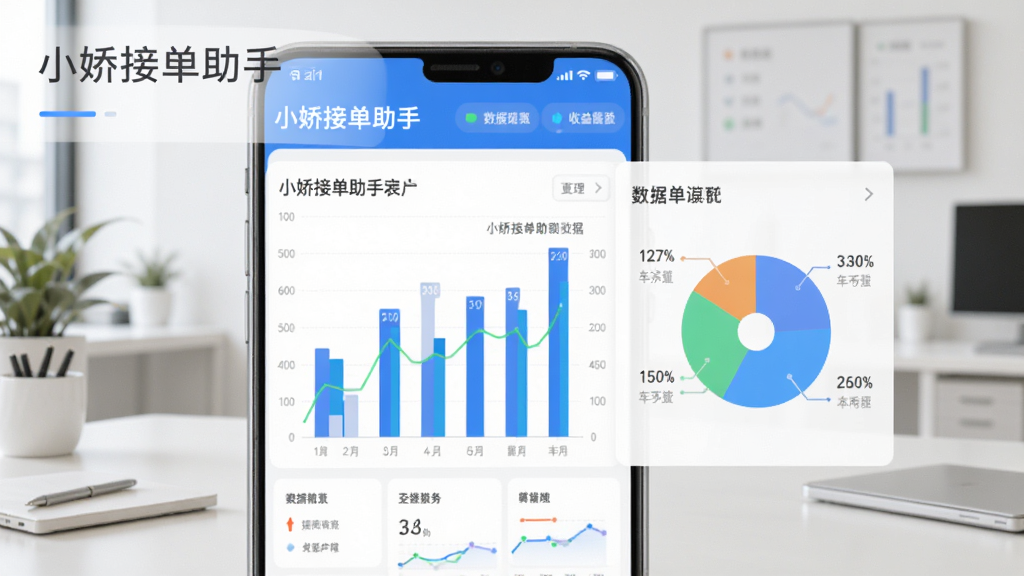 一张展示小娇接单助手数据统计与收益图表界面的图片,画面中手机屏幕显示柱状图和饼状图,背景是简洁的办公环境,风格现代数据可视化,细节表现图表元素和数字,画质清晰干净,画面中带有文字'小娇接单助手'。