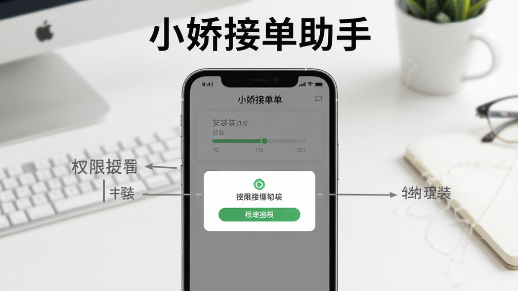 一张展示小娇接单助手在手机端安装与权限设置步骤的示意图,画面中手机屏幕显示安装进度条和权限授权弹窗,背景是简洁的桌面,风格教程指引,细节清晰,画质干净,画面中带有文字'小娇接单助手'。