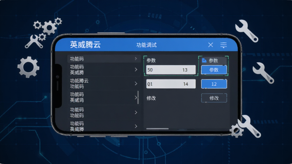 画面展示一部手机屏幕显示“英威腾云”参数调试界面,左侧为功能码列表,右侧为参数数值与修改按钮,手机周围漂浮着齿轮和扳手图标,背景为深蓝色科技网格,风格简洁硬朗,布局清晰,画质干净,无多余元素