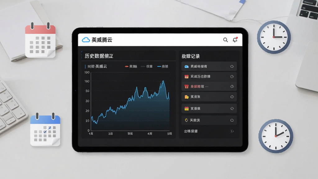 画面中央为一部平板电脑,屏幕显示“英威腾云”历史数据曲线图与故障记录列表,周围环绕日历图标和时钟图标,背景为浅灰色办公桌面,风格简约商务,布局清晰,画质干净,无多余元素