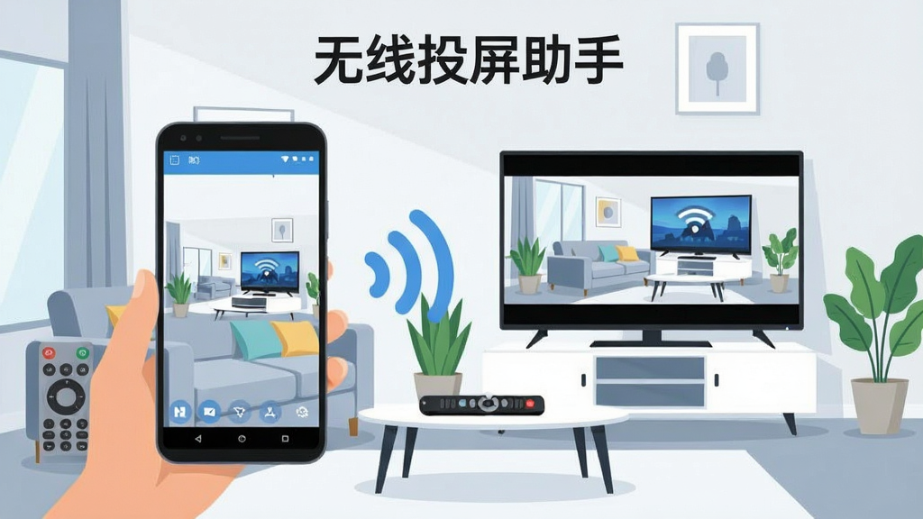 一张展示无线投屏助手软件核心全貌的场景图,画面中央是一部安卓手机正在向客厅中的大屏幕智能电视投射视频画面,手机屏幕与电视屏幕内容同步显示,周围有Wi-Fi信号波纹图标连接两者,背景是现代简约风格的客厅环境,布局采用中心对称构图,风格为扁平化科技插画风,细节包括遥控器、沙发、绿植等家居元素,画质清晰明亮,干净无多余元素,画面中可加入文字“无线投屏助手”