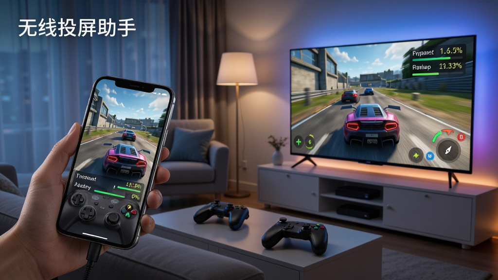 一张表现无线投屏助手高清低延迟传输特性的场景图,画面中手机正在投射一款竞速游戏到电视大屏上,手机与电视画面几乎同步,画面中显示低延迟的数据指标,布局采用对角线构图,风格为写实科技风,细节包括游戏画面、手柄、沙发、氛围灯,画质锐利,干净无多余元素,画面中可加入文字“无线投屏助手”