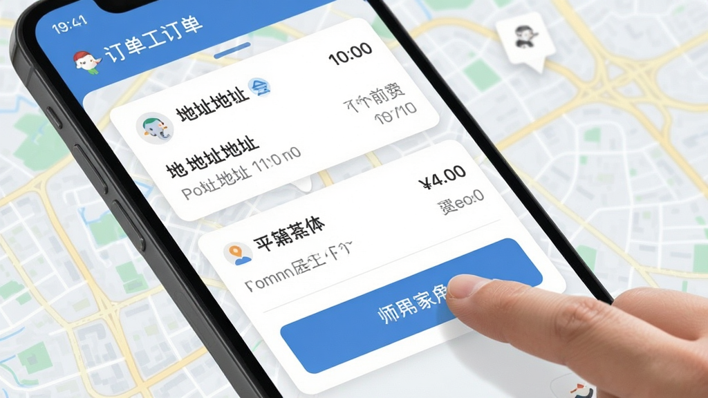 手机界面显示小象工订单推送列表,订单卡片清晰展示地址、时间、费用,师傅手指点击抢单按钮,背景为城市地图,风格现代扁平,画面干净,高清画质