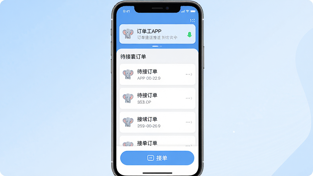 手机屏幕展示小象工APP主界面,顶部显示订单推送通知,中部为待接订单列表,底部为接单按钮,背景为浅蓝色渐变,风格简洁商务,画面干净,高清画质