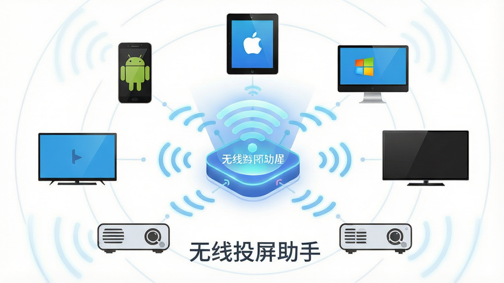 一张展示无线投屏助手跨平台多设备支持的概念图,画面中央是一个发光的无线信号枢纽,周围环绕着安卓手机、iPad、Windows电脑、智能电视、投影仪等设备图标,所有设备通过信号线与枢纽连接,布局采用放射状构图,风格为简约科技插画,细节包括设备轮廓、信号波纹、平台标识,画质高清,干净无多余元素,画面中文字标注“无线投屏助手”