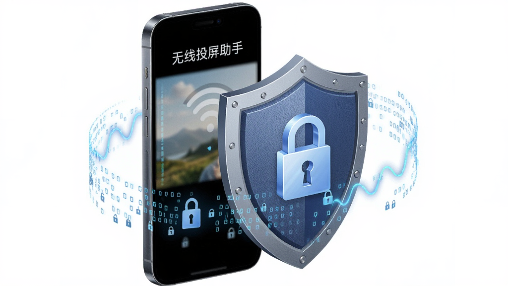 一张表现无线投屏助手隐私安全保护功能的插图,画面主体为一部手机和一个盾牌图标,盾牌上带有锁形标志,手机屏幕显示投屏画面,周围有加密数据流环绕,布局采用中心构图,风格为安全科技风,细节包括盾牌纹理、锁扣、数据波纹、设备轮廓,画质清晰,干净无多余元素,画面中文字标注“无线投屏助手”