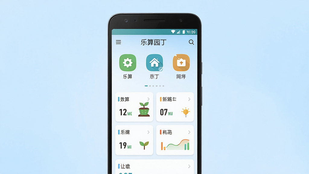 乐算园丁手机软件界面展示,画面中央是一部安卓手机,屏幕上显示乐算园丁的首页布局,包含功能图标与数据卡片,背景是淡蓝色渐变,简洁扁平化设计风格,主体突出,布局居中对称,风格清新明快,细节精致,画质清晰,干净无多余元素