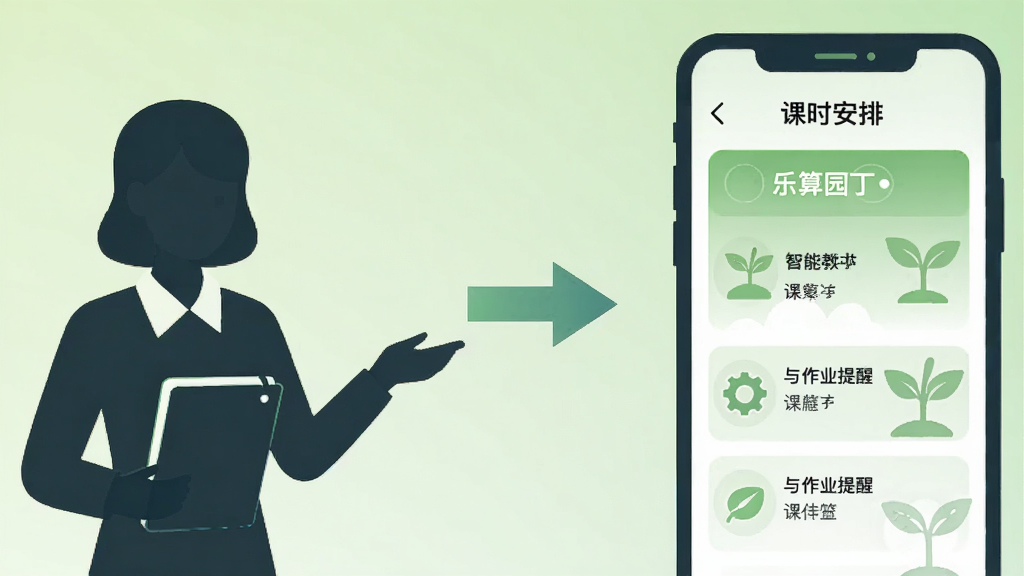 乐算园丁智能教学辅助功能展示图,画面左侧是教师形象剪影,右侧是手机屏幕显示课时安排与作业提醒列表,中间用箭头连接,背景为浅绿色渐变,扁平插画风格,布局左右对称,细节简洁,画质清晰,干净无多余元素