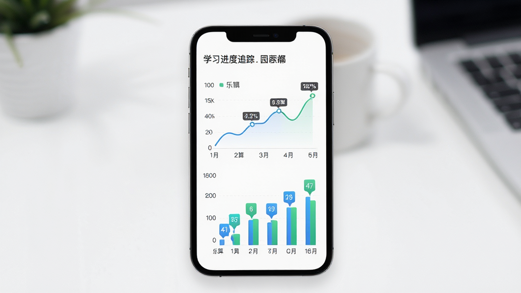 乐算园丁学习进度追踪图表界面,手机屏幕显示折线图与柱状图组合,数据标签清晰,背景为白色,主体手机居中,布局上下结构,风格现代简约,细节精致,画质高清,干净无多余元素