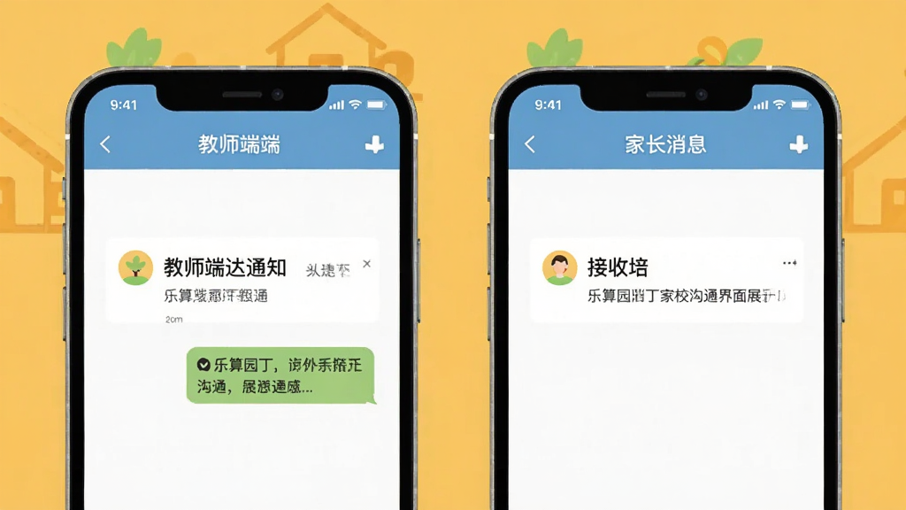 乐算园丁家校沟通界面展示,画面中两部手机并排,左侧显示教师端发送通知,右侧显示家长端接收消息,背景为暖黄色调,扁平化设计风格,布局左右对称,细节清晰,画质干净,无多余元素
