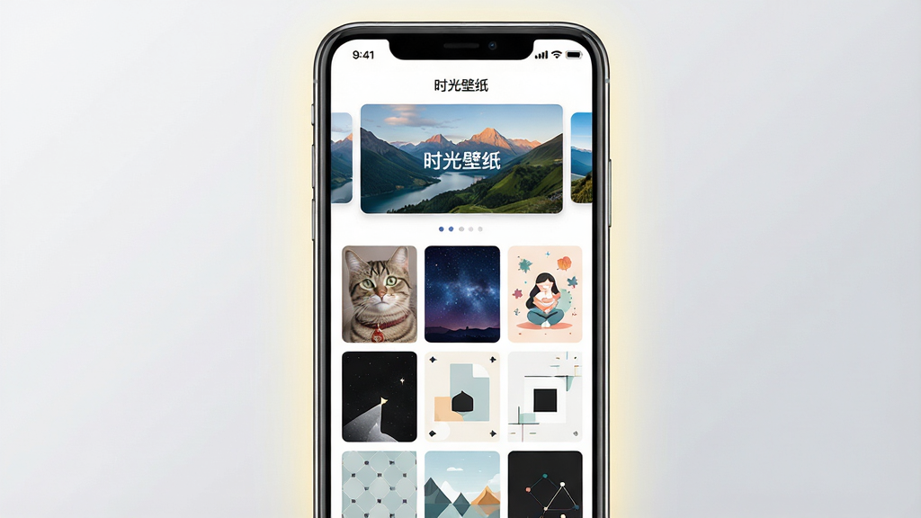 手机屏幕中央展示“时光壁纸”应用主界面,上方横幅轮播图展示山水风景壁纸,下方网格排列多张不同风格壁纸缩略图,包含猫咪、星空、插画、极简几何图案,手机周围有柔和光晕,背景为浅灰色渐变,整体风格清新简约,画面干净明亮,无多余元素,高清画质,UI界面文字清晰可辨,布局居中对称,排版整洁有序。