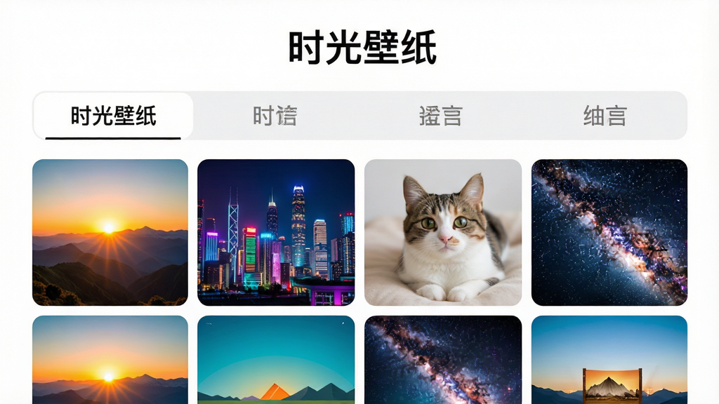 一个虚拟的手机相册界面,屏幕内展示“时光壁纸”四个分类标签页,标签页下方铺满各种高清壁纸缩略图,包括日出山景、霓虹城市、可爱猫咪、星空银河,画面色彩丰富鲜艳,排版井井有条,风格现代扁平化,背景为干净的白色,无杂乱元素,高清画质,文字“时光壁纸”清晰显示在顶部。