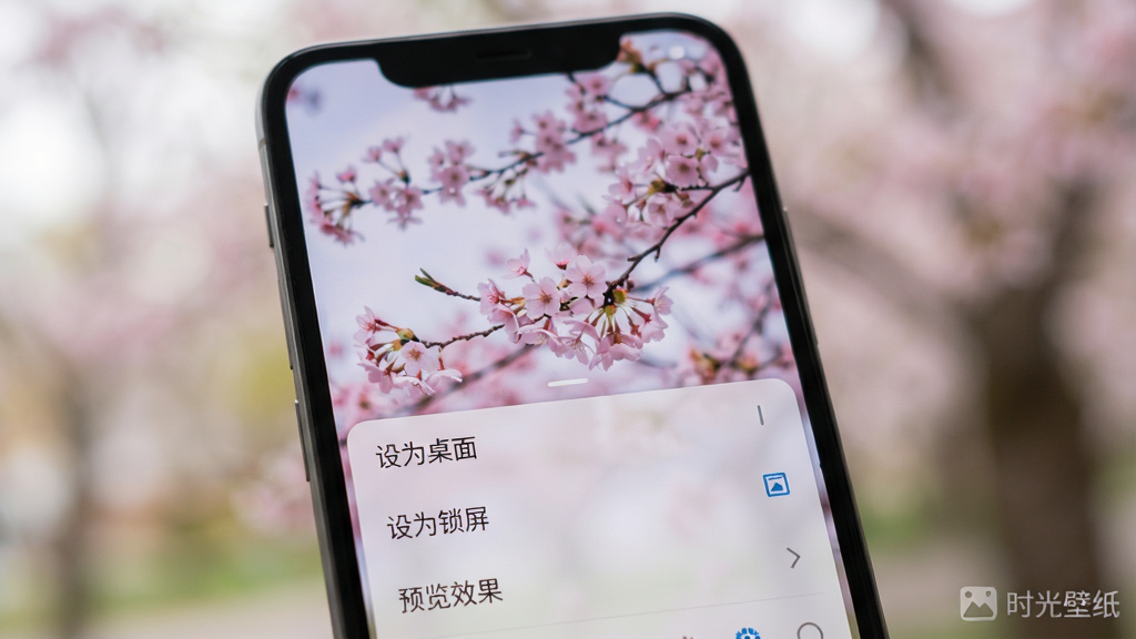 一部安卓手机特写,屏幕上显示一张唯美的樱花风景壁纸,屏幕下方弹出半透明设置菜单,菜单选项包括“设为桌面”“设为锁屏”“预览效果”,界面风格简约清爽,背景虚化处理,突出手机屏幕内容,光线柔和,画质高清,无多余装饰元素,“时光壁纸”水印隐约可见于屏幕角落。
