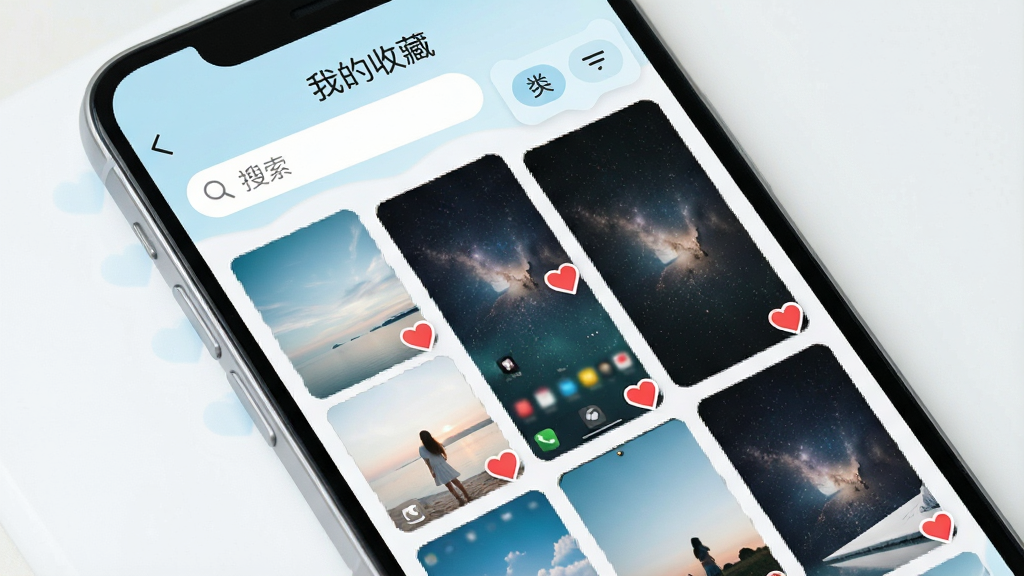 手机屏幕显示“时光壁纸”个人收藏页面,页面以网格形式展示多张已收藏的壁纸,每张壁纸右下角有一个红色爱心图标表示已收藏,顶部有搜索框和分类筛选按钮,界面配色为浅蓝色与白色搭配,风格清新素雅,布局整齐,画面干净,高清画质,文字“我的收藏”显示在页面顶部。