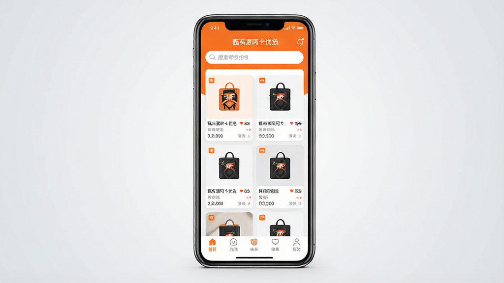 一张展示智能手机界面的产品预览图,手机屏幕中央显示“甄有源阿卡优选”应用首页,页面布局清晰,顶部有搜索栏,中部为商品推荐卡片网格,底部为导航菜单栏,整体采用橙色与白色为主色调,背景为浅灰色渐变,风格简洁现代,画质高清,干净无多余元素