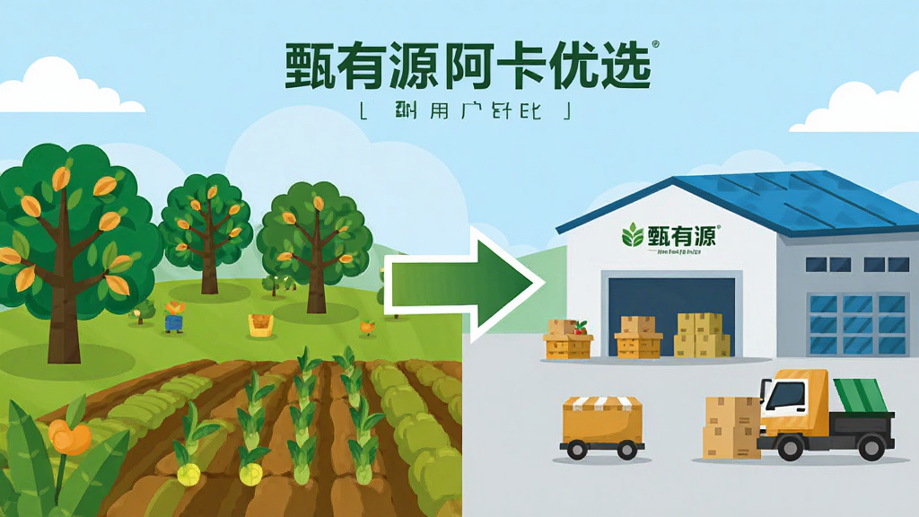 一张以“甄有源阿卡优选”为主题的源头产地场景插画,画面左侧为果园与农田,右侧为现代化仓储物流中心,中间以箭头连接表示从源头到用户的直采链路,整体风格扁平化插画,色彩明亮,布局对称,细节丰富,画质高清,干净无多余元素