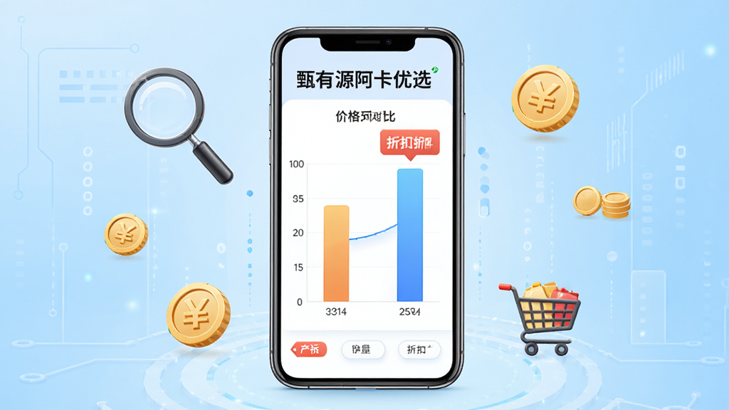 一张“甄有源阿卡优选”智能比价功能展示图,画面中央为手机屏幕,屏幕上呈现价格对比柱状图与折扣标签,周围环绕放大镜、金币、购物车等图标,背景为浅蓝色科技感渐变,风格简洁商务,排版清晰,画质高清,干净无多余元素