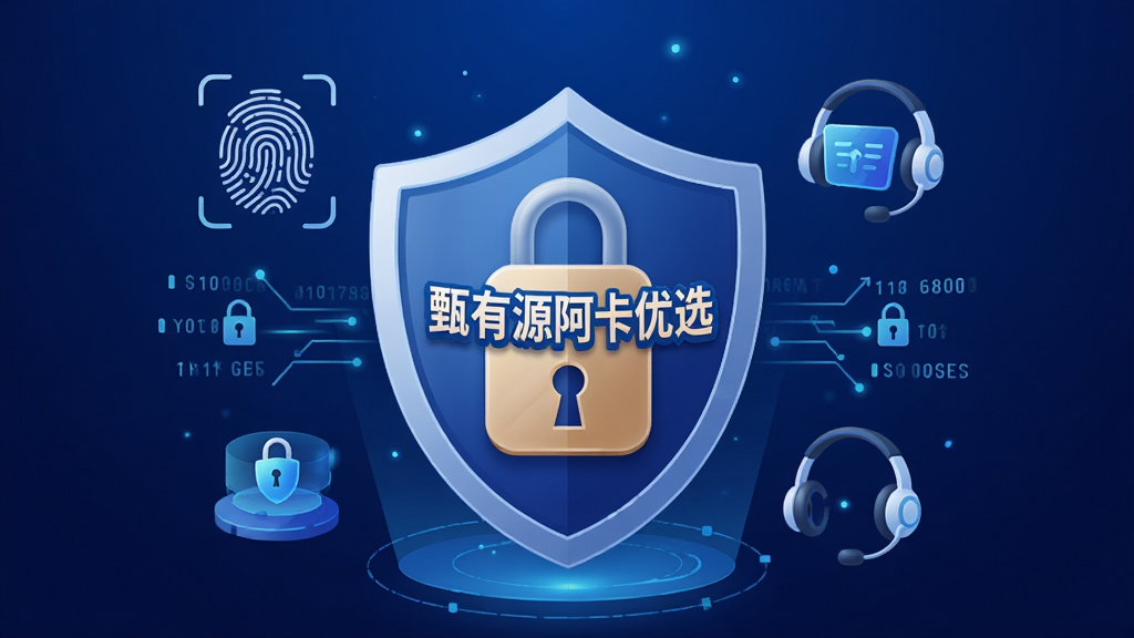 一张“甄有源阿卡优选”安全交易保障主题插画,画面中心为盾牌与锁形图标,盾牌上写有“甄有源阿卡优选”字样,周围环绕指纹识别、加密数据流、客服耳机等元素,背景为深蓝色渐变,风格科技安全风,排版居中,画质高清,干净无多余元素