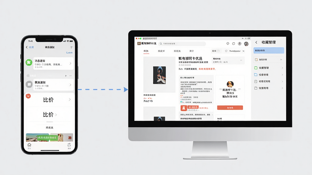 一张“甄有源阿卡优选”移动端使用技巧示意图,画面为手机屏幕与电脑屏幕并排展示,手机端显示消息通知与比价界面,电脑端显示商品详情页与收藏管理面板,中间以虚线连接表示数据同步,背景为浅灰色,风格扁平化科技风,布局清晰,画质高清,干净无多余元素
