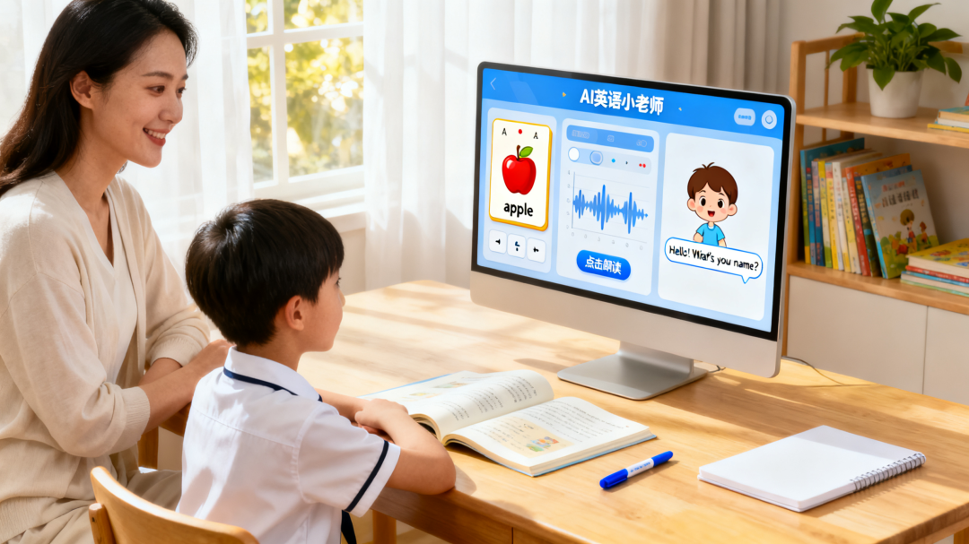 素质教育平台app 家长陪孩子一起看课程视频的温馨画面
