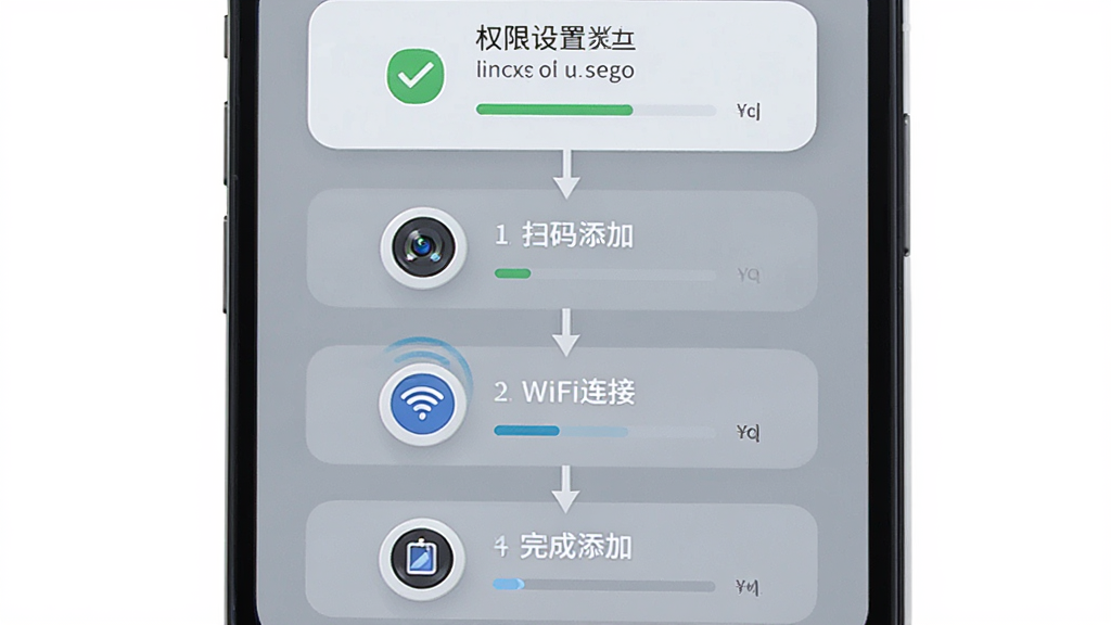 移动手机看家监控安装设置步骤图,画面展示手机屏幕从上到下依次为权限设置、扫码添加、WiFi连接、完成添加四个步骤,布局为纵向流程,风格扁平化教程风,细节包含勾选图标、进度条、设备图标,画质高清,干净,无多余元素
