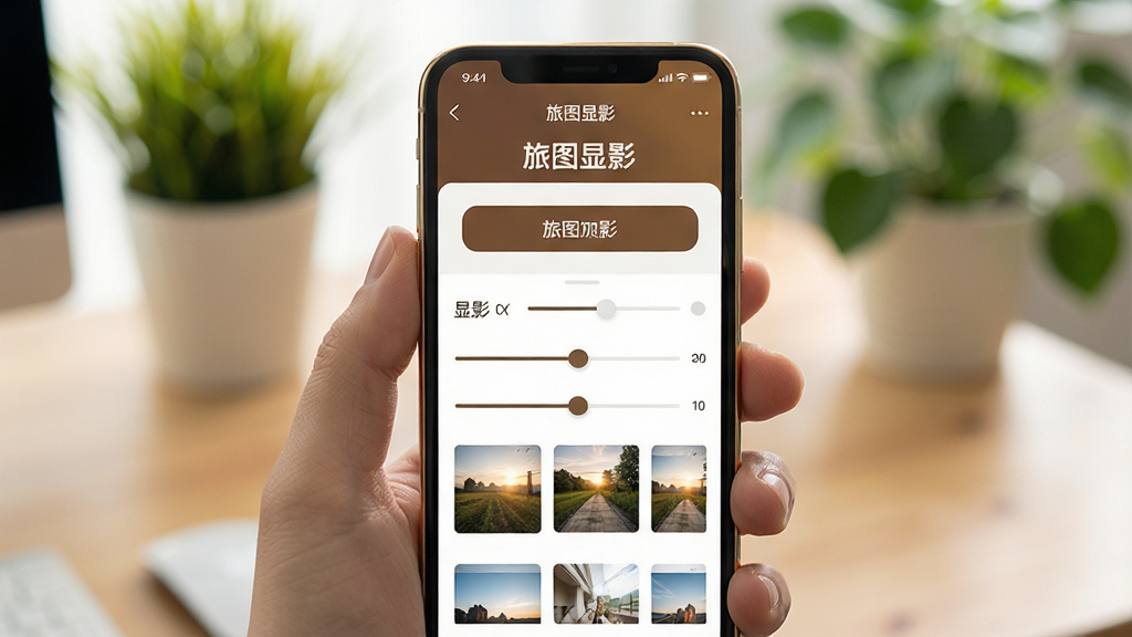 一张手机屏幕显示旅图显影软件界面的场景图,主体为手持智能手机,屏幕中央展示