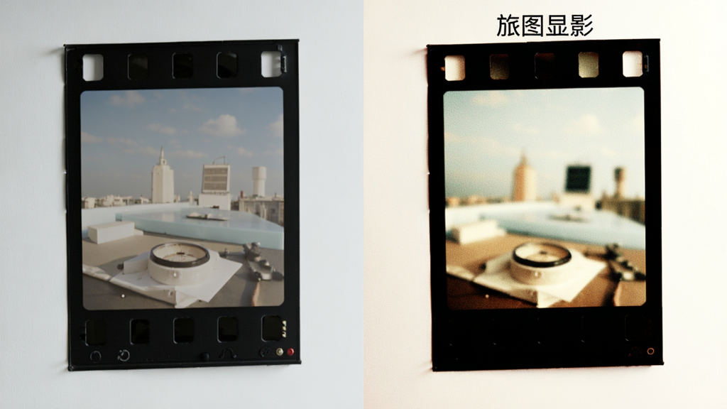 一张展示旅图显影胶片级显影引擎效果的对比图,主体为左右分屏的照片对比,左侧为原始照片,右侧为经过