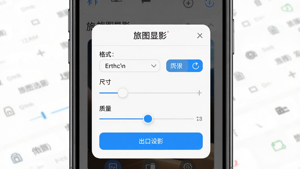 一张展示旅图显影高分辨率导出设置的界面图,主体为手机屏幕显示导出参数面板,面板中包含格式选择、尺寸调整与质量滑杆,布局为竖屏弹窗式界面,风格为简洁工具类UI,细节包括