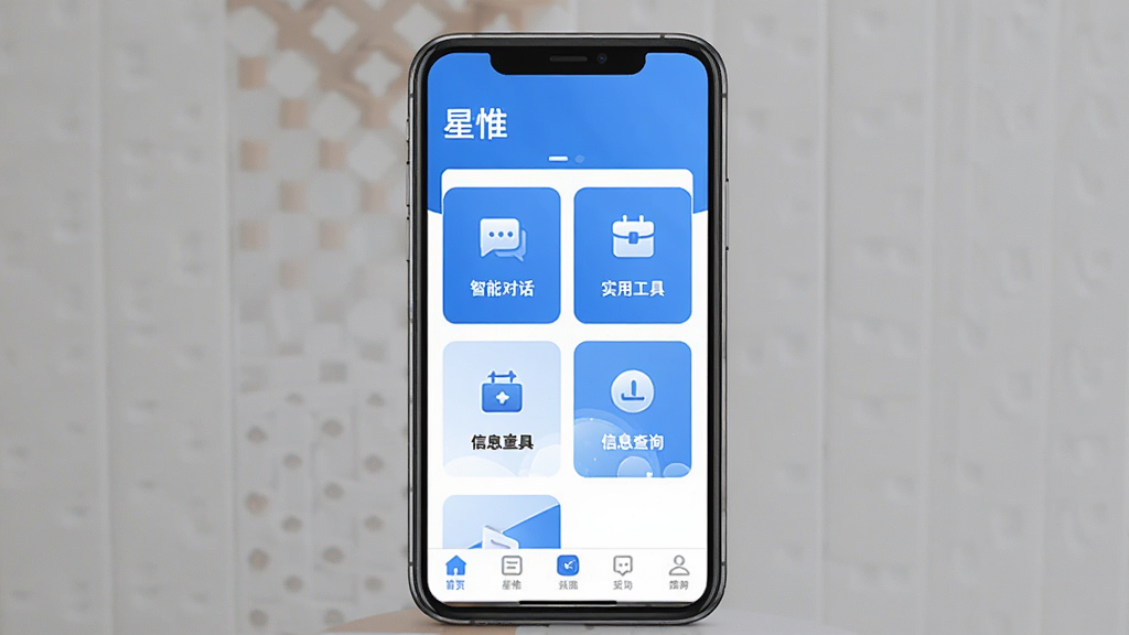星惟APP主界面截图,画面中央展示手机屏幕,屏幕上显示星惟应用首页,顶部有“星惟”应用名称,中部为功能卡片式布局,包含智能对话、实用工具、信息查询等图标,底部为导航栏,整体采用蓝白清新配色,界面干净整洁,风格简洁现代,画质清晰,无多余元素