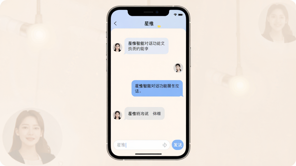 星惟智能对话功能展示图,画面主体为智能手机屏幕,屏幕上显示星惟应用的聊天界面,左侧为用户发送的消息气泡,右侧为星惟回复的消息气泡,气泡内包含文字内容,界面底部有输入框和发送按钮,屏幕上方显示“星惟”标题栏,整体风格简约,配色柔和,画质清晰,无多余装饰元素