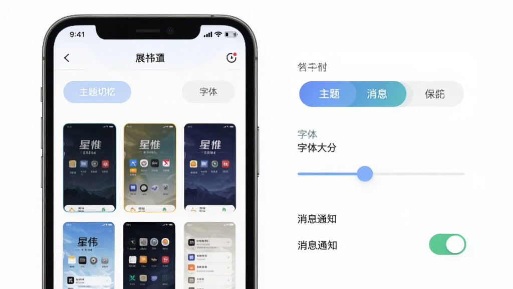 星惟个性化设置界面展示图,画面展示手机屏幕上星惟应用的设置页面,包含主题切换选项、字体大小调节滑块、消息通知开关等元素,屏幕中显示多种主题预览缩略图,界面布局清晰,配色丰富但和谐,画质清晰,无杂乱元素