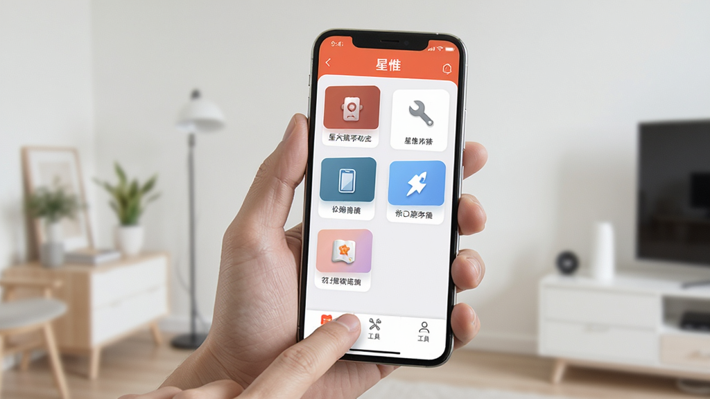 星惟APP在安卓手机上的操作演示图,画面展示一部手持智能手机,屏幕上显示星惟应用界面,手指正在点击底部导航栏的“工具”图标,界面中可见多个工具入口,背景为简洁的室内环境,风格写实,画质清晰,无多余元素