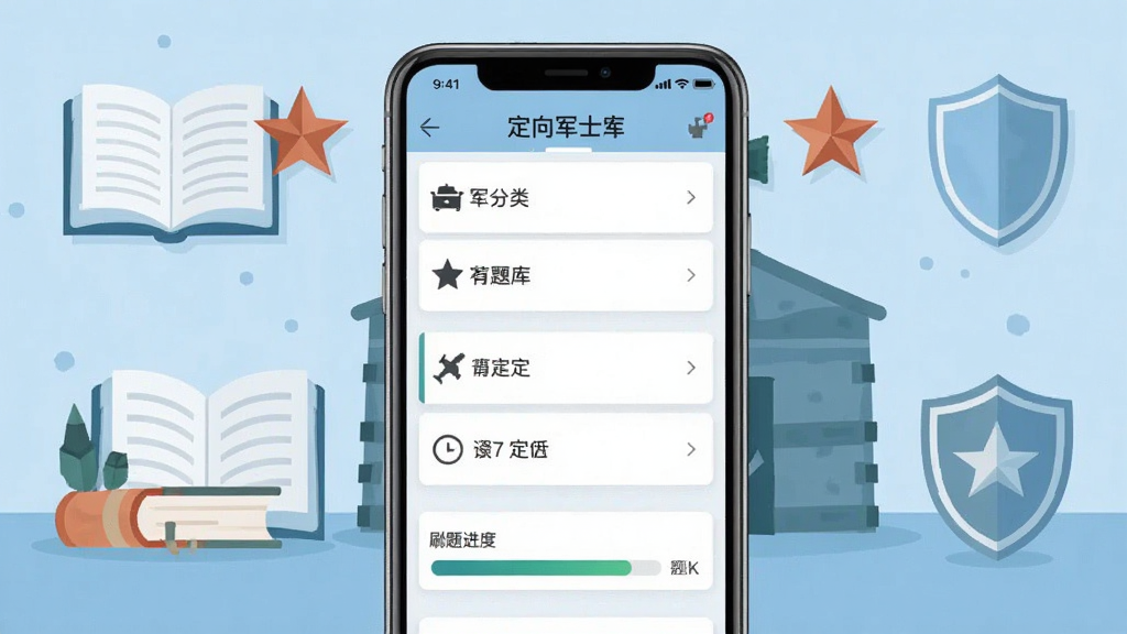 定向军士题库软件主界面展示,画面中央放置一部智能手机,屏幕显示题库分类列表和刷题进度条,背景为浅蓝色军营风格插画,包含书本、五角星、盾牌等元素,布局为居中构图,风格简洁扁平化,细节清晰,画质干净,无多余元素