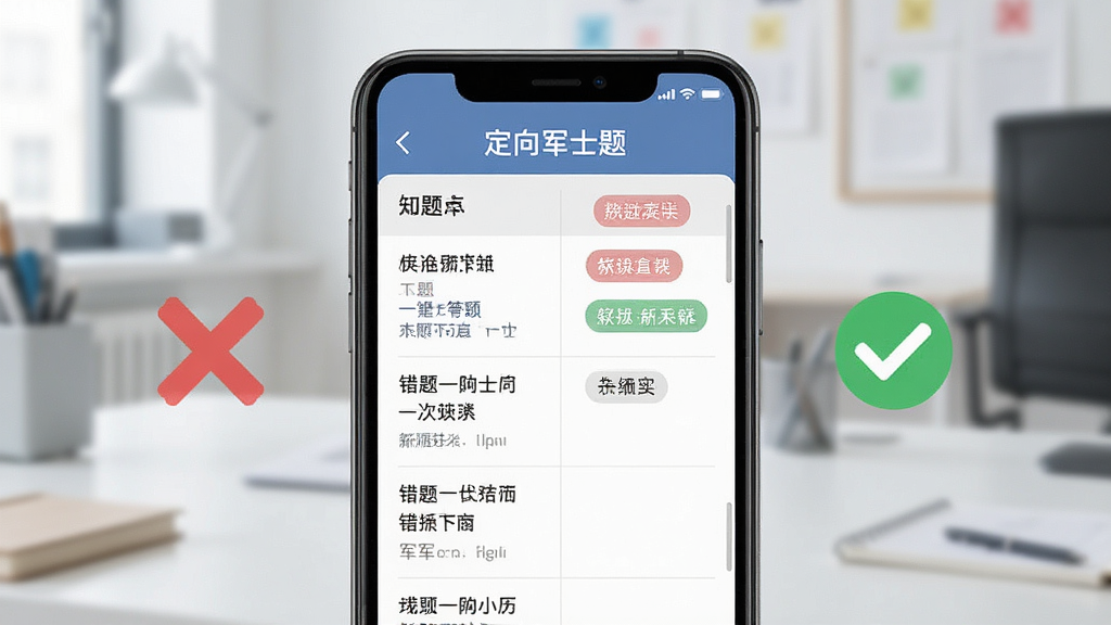 定向军士题库错题本功能展示,画面为手机屏幕显示错题列表和知识点标签,旁边有红色叉号和绿色对勾图标,布局左右分栏,风格现代简约,细节清晰,画质干净,无多余元素