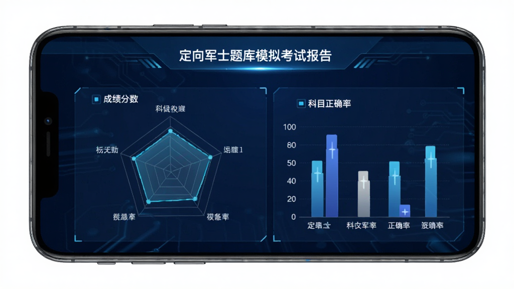 定向军士题库模拟考试报告页面,手机屏幕显示成绩分数、雷达图和科目正确率柱状图,背景为深蓝色科技感渐变,布局为上下结构,风格数据可视化,细节精致,画质干净,无多余元素