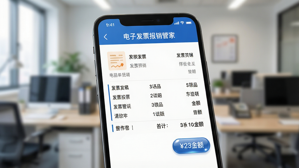 一张展示手机屏幕特写的图片,屏幕上显示“电子发票报销管家”的报销单预览界面,包含发票明细列表和合计金额,背景为模糊的办公室环境,风格为写实UI风格,细节展示按钮的高光质感,画质细腻干净