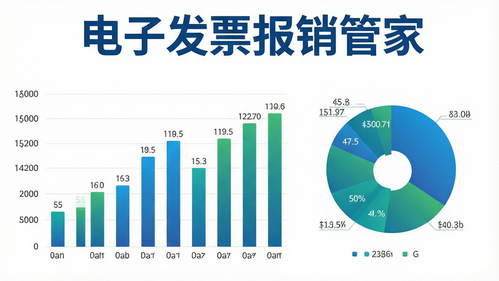 一张展示数据统计图表的图片,图表包含柱状图和饼图,颜色以蓝色和绿色为主,图表上方有“电子发票报销管家”的文字标识,背景是简洁的白色,风格为商务数据可视化,细节展示图表的渐变效果,画质锐利干净