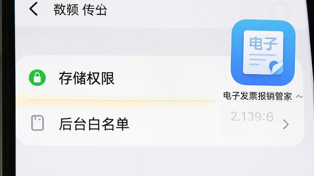 一张展示手机设置界面的图片,界面中高亮显示“存储权限”和“后台白名单”选项,旁边有“电子发票报销管家”的图标,风格为手机系统截图风格,细节清晰,画质干净,无多余装饰