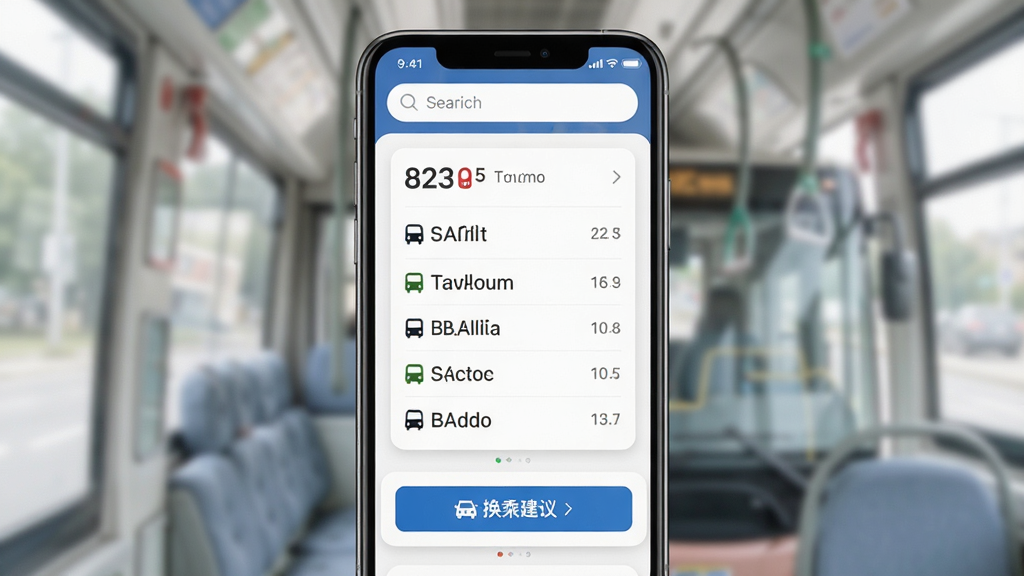公交车线路查应用内线路查询结果页面,手机屏幕显示公交线路编号与途经站点列表,界面采用卡片式布局,顶部有搜索框,底部有换乘建议按钮,整体风格现代简约,画质清晰,干净无杂乱元素