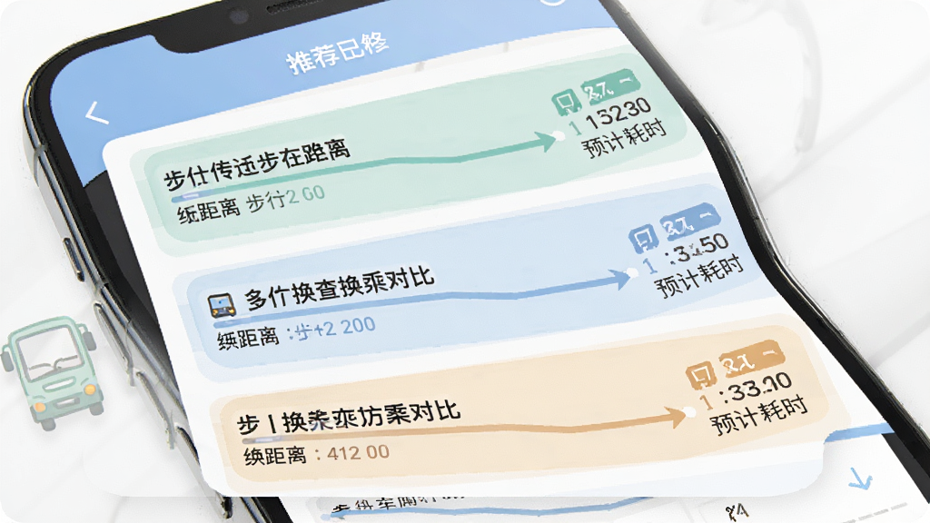 公交车线路查换乘方案推荐界面,手机屏幕展示多条换乘路线对比,每条路线标注步行距离与预计耗时,界面采用列表式排版,配色柔和,信息层级分明,画质高清干净