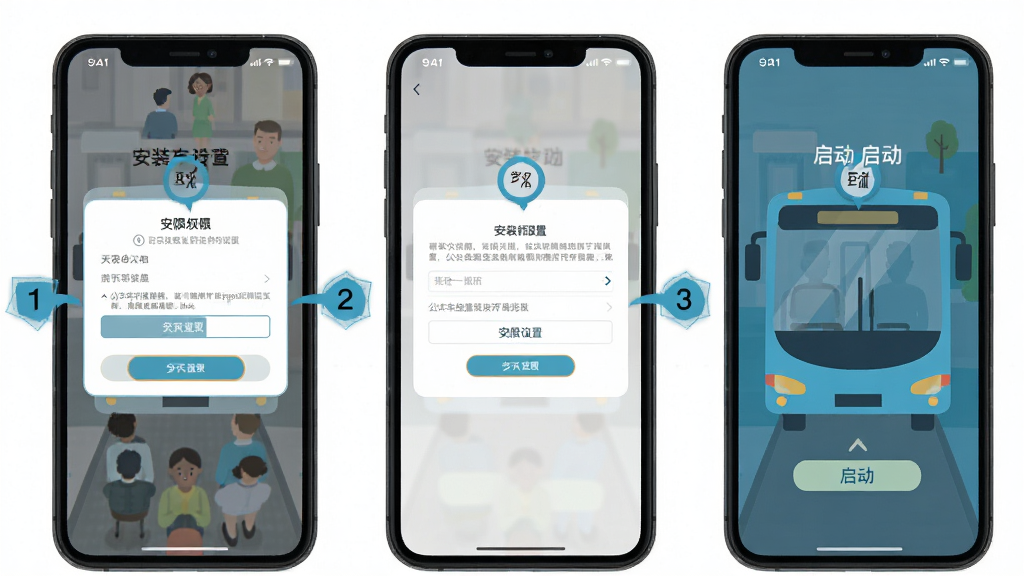 公交车线路查移动端安装步骤示意图,手机屏幕展示安装权限设置界面与软件启动画面,画面中有清晰的步骤标注,整体风格扁平化,配色清爽,画质高清干净