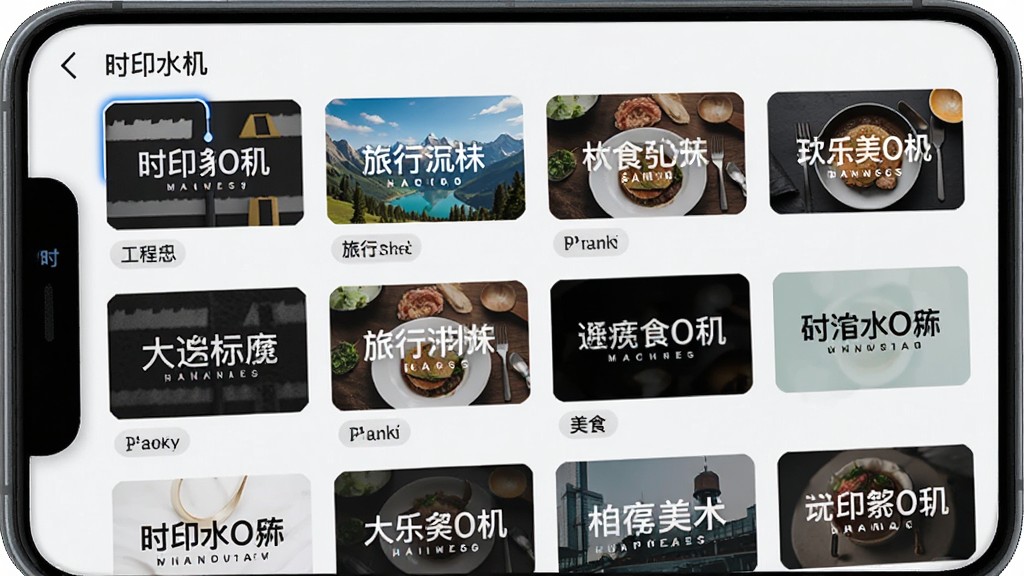 时印水印相机水印模板选择界面,画面展示多个不同风格的水印模板缩略图排列在手机屏幕上,包括工程风格、旅行风格、美食风格等,布局为网格状排列,风格为清新简约风,细节包括模板预览清晰、分类标签明确、选中状态高亮,画质高清干净无多余元素