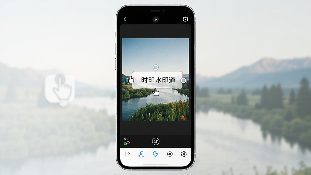 时印水印相机后期编辑界面,画面展示用户正在拖动水印元素调整位置,手机屏幕上有一张风景照片和可拖拽的水印文本框,布局为居中编辑区加底部工具栏,风格为现代扁平化设计,细节包括拖拽手柄清晰、工具栏图标直观、照片色彩自然,画质高清干净无多余元素