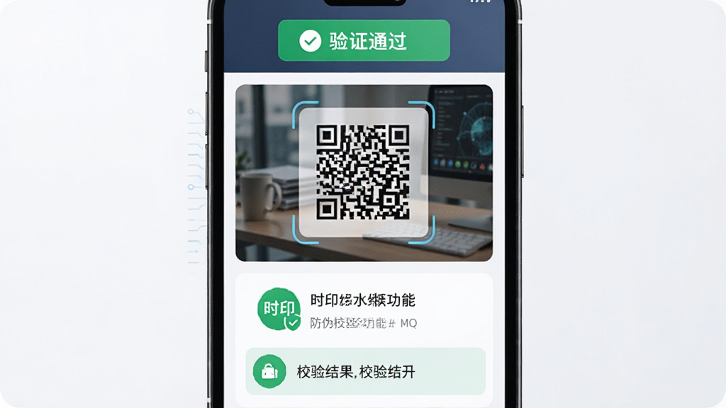 时印水印相机防伪校验功能界面,画面展示一张带有防伪码的照片和校验结果提示,手机屏幕上方显示验证通过标识,布局为上下结构上方照片下方验证信息,风格为安全科技风,细节包括防伪码清晰、验证图标醒目、界面配色稳重,画质高清干净无多余元素