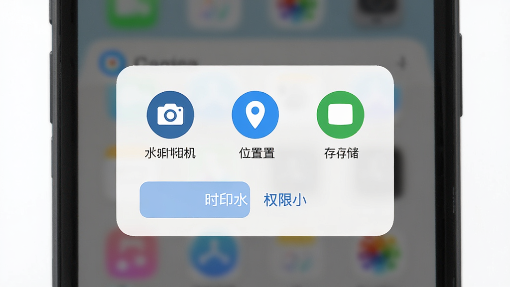 时印水印相机权限设置引导界面,画面展示手机屏幕上的权限申请弹窗,包括相机、位置、存储三项权限图标,布局为居中弹窗样式,风格为简洁明了的系统提示风,细节包括权限图标清晰、按钮文字醒目、背景虚化处理,画质高清干净无多余元素