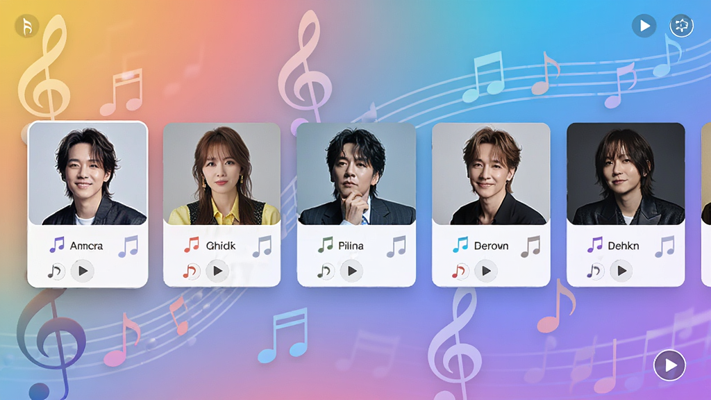 AI照片唱歌软件曲库选择界面,画面中横向排列多个歌曲专辑封面卡片,每张卡片上有歌手头像和歌名,背景为渐变色音乐主题,风格为清新明快,细节包括音符图标和播放小按钮,画质清晰,干净,无多余元素