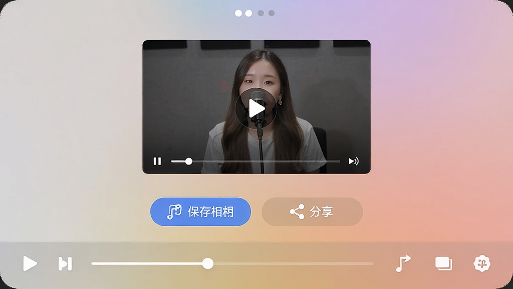 AI照片唱歌软件生成完成后的预览与分享界面,画面中央为一段正在播放的视频缩略图,下方排列保存到相册和分享按钮,背景为柔和渐变,风格为现代简约,细节包括播放控制条和分享图标,画质清晰,干净,无多余元素