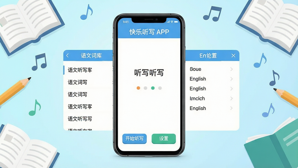快乐听写软件主界面展示,画面中央放置一部智能手机,屏幕显示快乐听写APP的听写功能界面,左侧展示语文词库列表,右侧展示英语单词听写界面,底部有开始听写和设置按钮,背景为清新淡雅的浅蓝色渐变,周围点缀书本、铅笔、音符等学习元素,整体排版简洁有序,风格为扁平化教育类APP界面设计,细节清晰,画质干净明亮,无多余杂乱元素