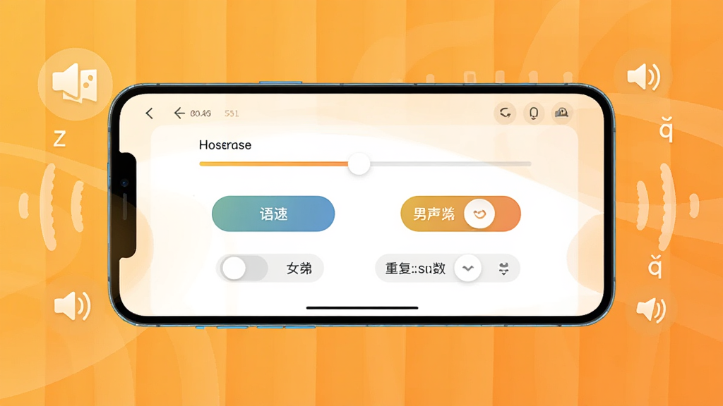 快乐听写智能语音朗读功能展示,画面中一部手机横向放置,屏幕显示语音设置面板,包含语速调节滑块、男声女声切换按钮、重复次数选择器,手机周围环绕声波图标和发音符号,背景为温暖的橙黄色调,风格为现代扁平化UI设计,细节精致,画质清晰干净,无多余元素